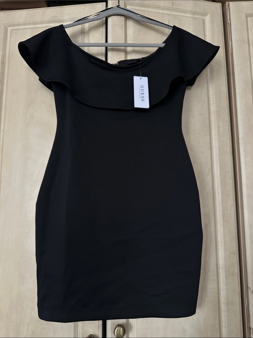 GUESS Black One-Shoulder Ruffle Sheath Dress
